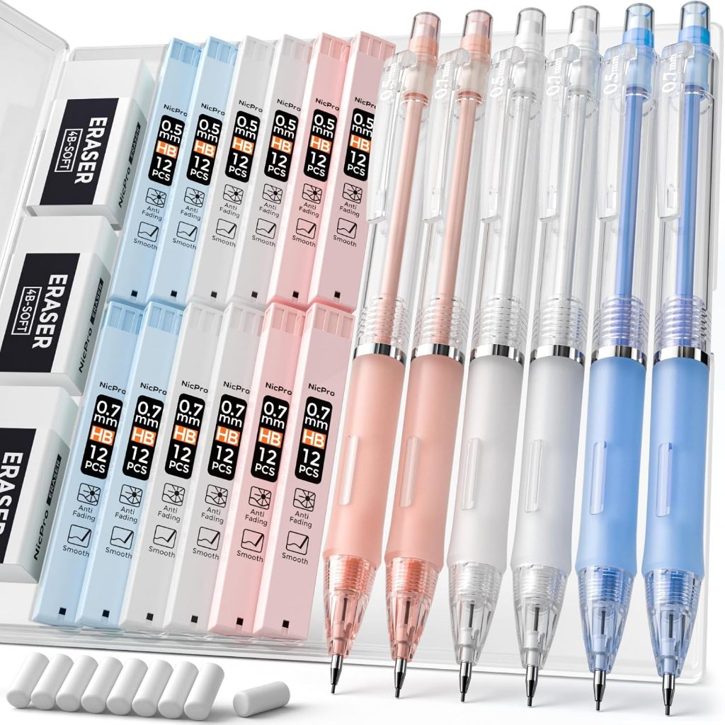 Nicpro 23 CÁI Bút chì cơ Pastel 0,5 & 0,7 mm có hộp đựng cho trường học, với 12 ống nạp chì HB, 3 tẩy, 9 tẩy nạp lại để học sinh viết, vẽ, phác thảo