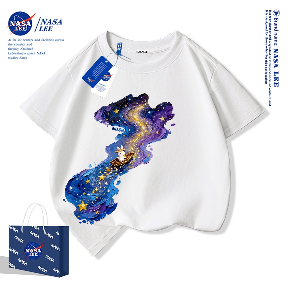 Áo thun trẻ em NASA chất liệu cotton nguyên chất, mẫu mới năm 2025, thoải mái mềm mại, phù hợp cho cả bé trai và bé gái.