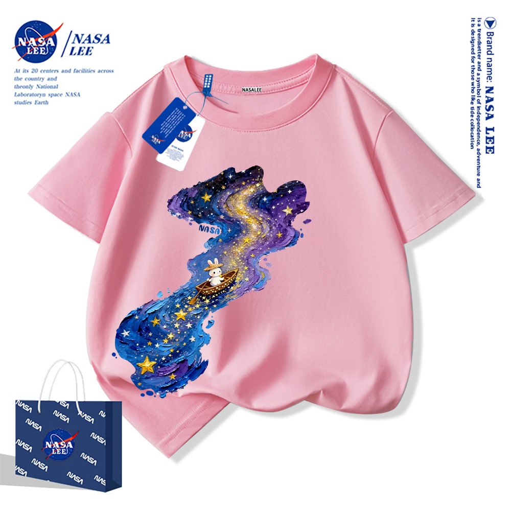 Áo thun trẻ em NASA chất liệu cotton nguyên chất, mẫu mới năm 2025, thoải mái mềm mại, phù hợp cho cả bé trai và bé gái.