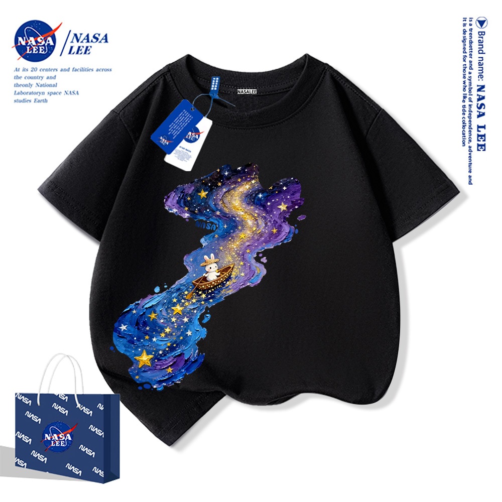 Áo thun trẻ em NASA chất liệu cotton nguyên chất, mẫu mới năm 2025, thoải mái mềm mại, phù hợp cho cả bé trai và bé gái.