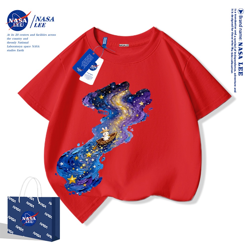 Áo thun trẻ em NASA chất liệu cotton nguyên chất, mẫu mới năm 2025, thoải mái mềm mại, phù hợp cho cả bé trai và bé gái.