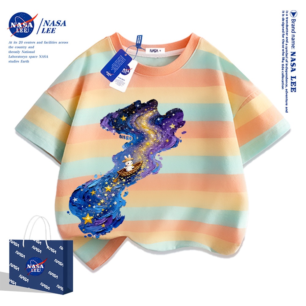 Áo thun trẻ em NASA chất liệu cotton nguyên chất, mẫu mới năm 2025, thoải mái mềm mại, phù hợp cho cả bé trai và bé gái.