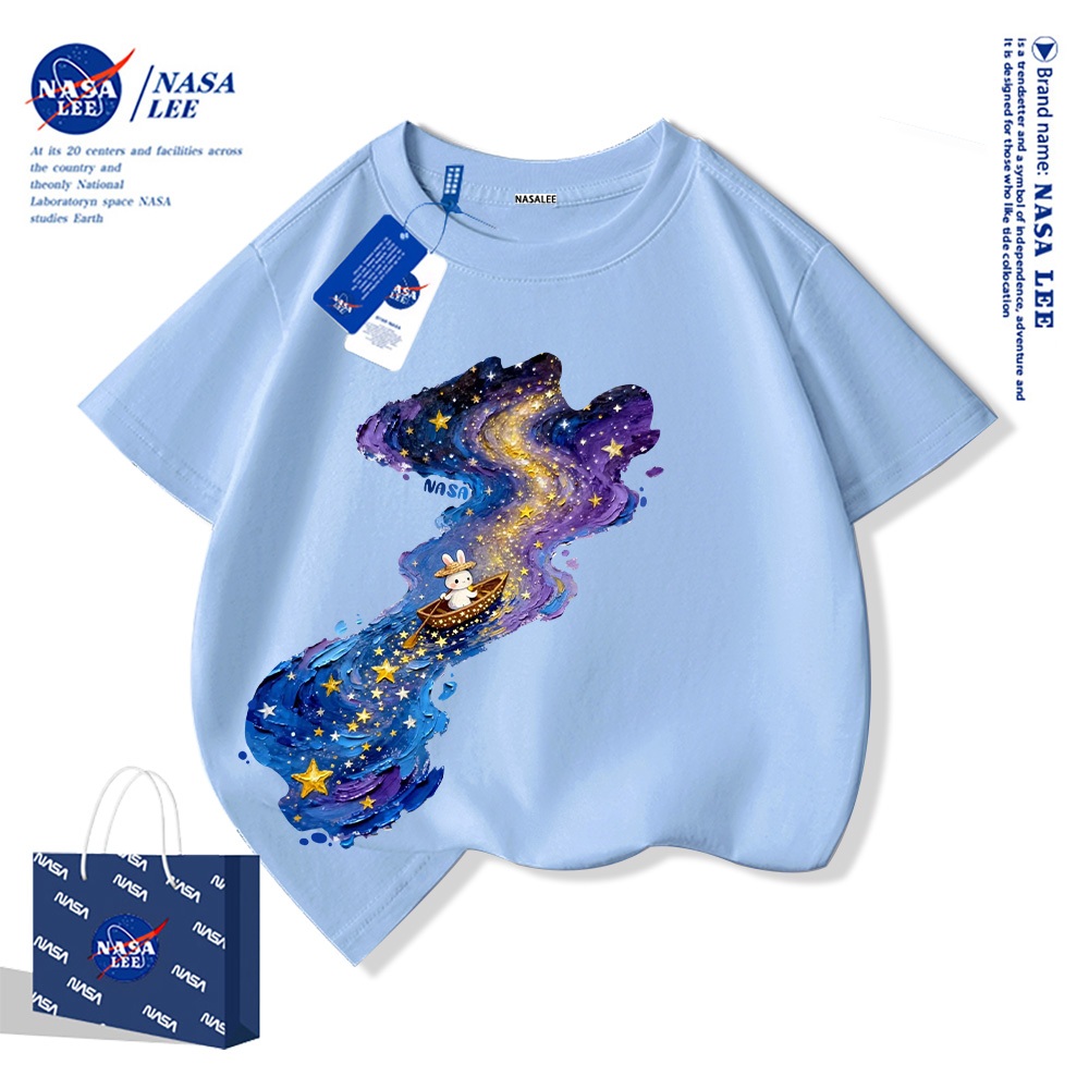 Áo thun trẻ em NASA chất liệu cotton nguyên chất, mẫu mới năm 2025, thoải mái mềm mại, phù hợp cho cả bé trai và bé gái.