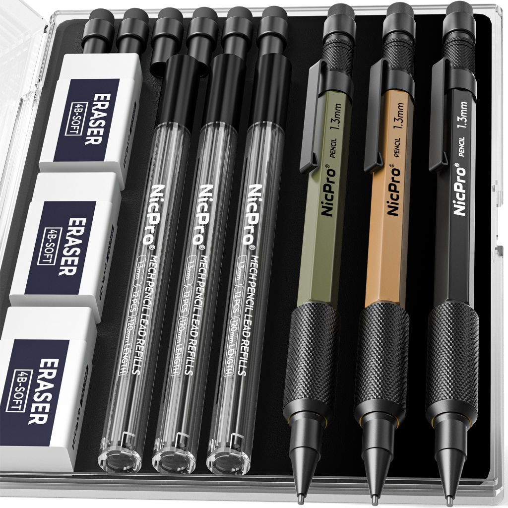 Nicpro 3 CÁI 1.3 mm Bộ bút chì cơ khí 3 màu với 36 chì nạp lại, 3 tẩy - Bút chì thợ mộc hạng nặng MP2000 kim loại chịu thời tiết để vẽ phác thảo đánh dấu ngoài trời