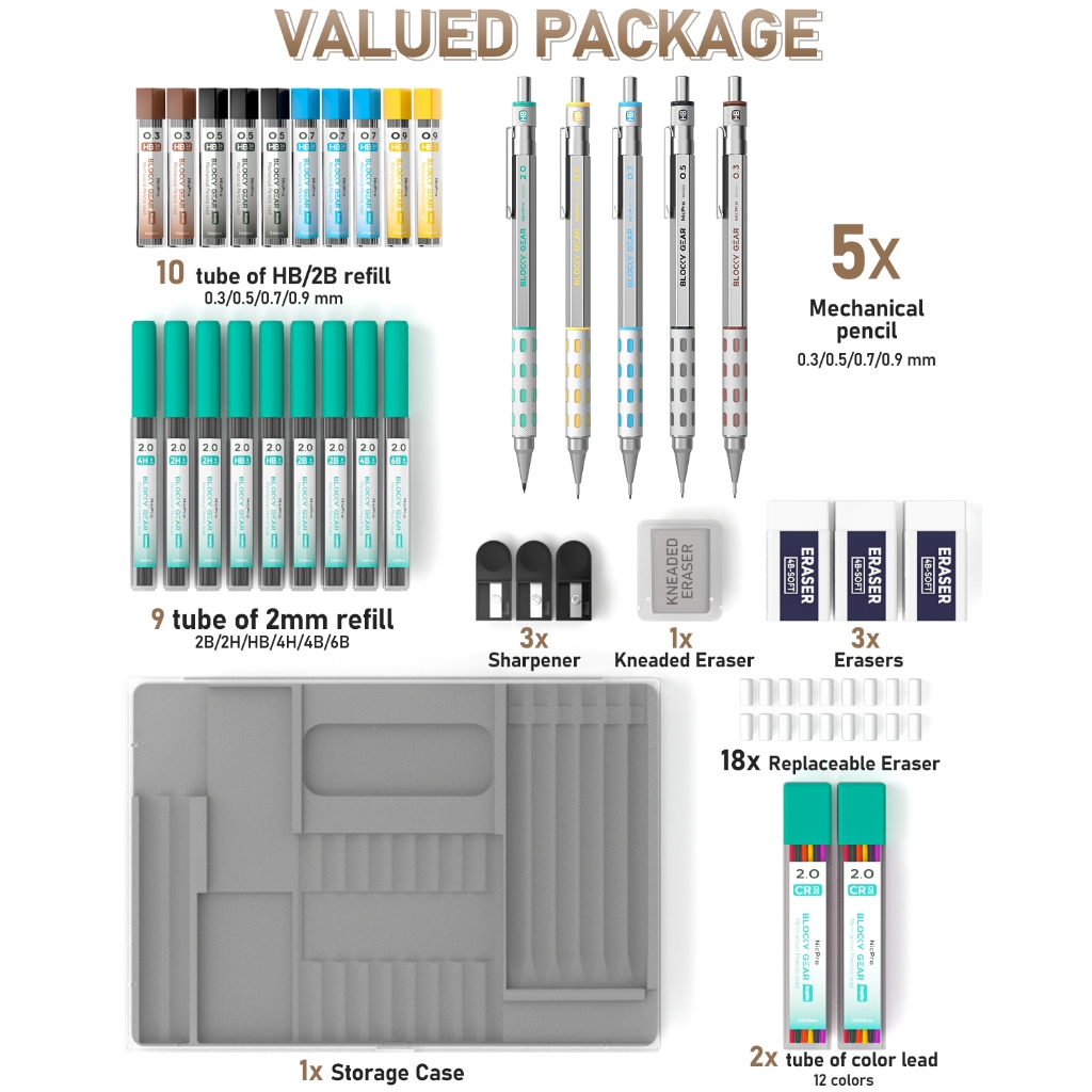 Nicpro 5 CÁI Bộ bút chì cơ khí kim loại cao cấp, bút chì soạn thảo 0,3 & 0,5 & 0,7 & 0,9 & 2.0mm (4H 2H HB 2B 4B 6B MÀU) dùng để viết và phác thảo
