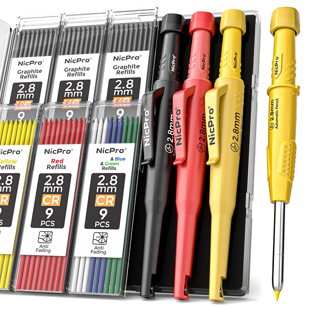 Bộ bút chì thợ mộc 3 chiếc Nicpro, Bút chì cơ khí 2,8mm với 54 lần nạp lại, Bút đánh dấu lỗ sâu Bút chì mộc xây dựng, Bút chì kiến trúc sư để chế biến gỗ