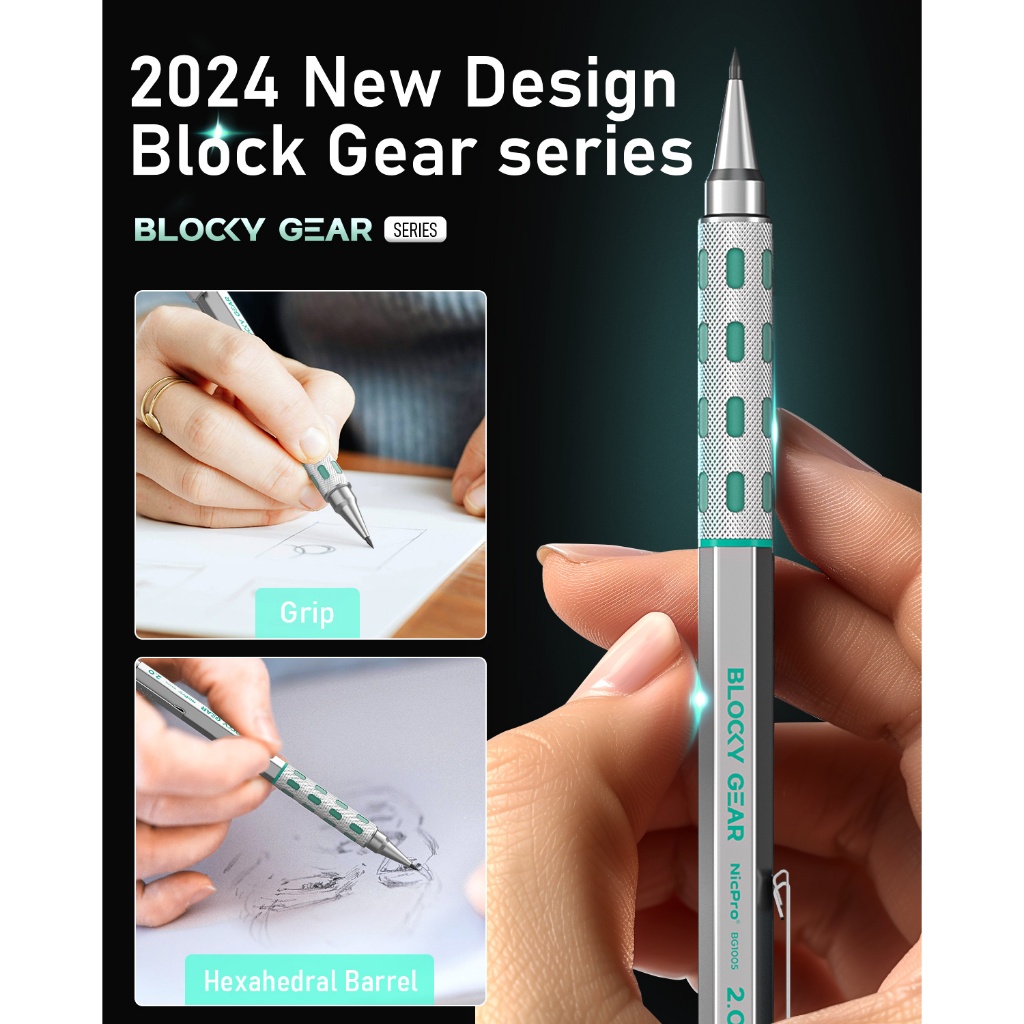 Bút chì cơ khí Nicpro Blocky Gear 2mm, Giá đỡ chì soạn thảo kim loại với 6 ống nạp chì 2mm (HB 2B 2H 4B 4H & Màu sắc) Máy mài, Tẩy cho nghệ sĩ thợ mộc