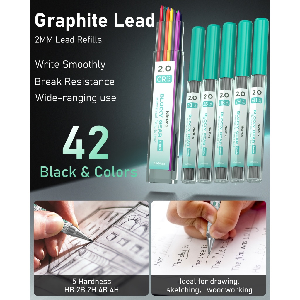 Bút chì cơ khí Nicpro Blocky Gear 2mm, Giá đỡ chì soạn thảo kim loại với 6 ống nạp chì 2mm (HB 2B 2H 4B 4H & Màu sắc) Máy mài, Tẩy cho nghệ sĩ thợ mộc
