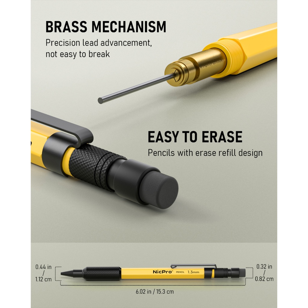 Bộ bút chì cơ khí Nicpro 1,3 mm với 12 chì nạp lại, tẩy - Bút chì thợ mộc hạng nặng MP2000 kim loại chịu thời tiết để đánh dấu ngoài trời Vẽ phác thảo phác thảo chế biến gỗ -