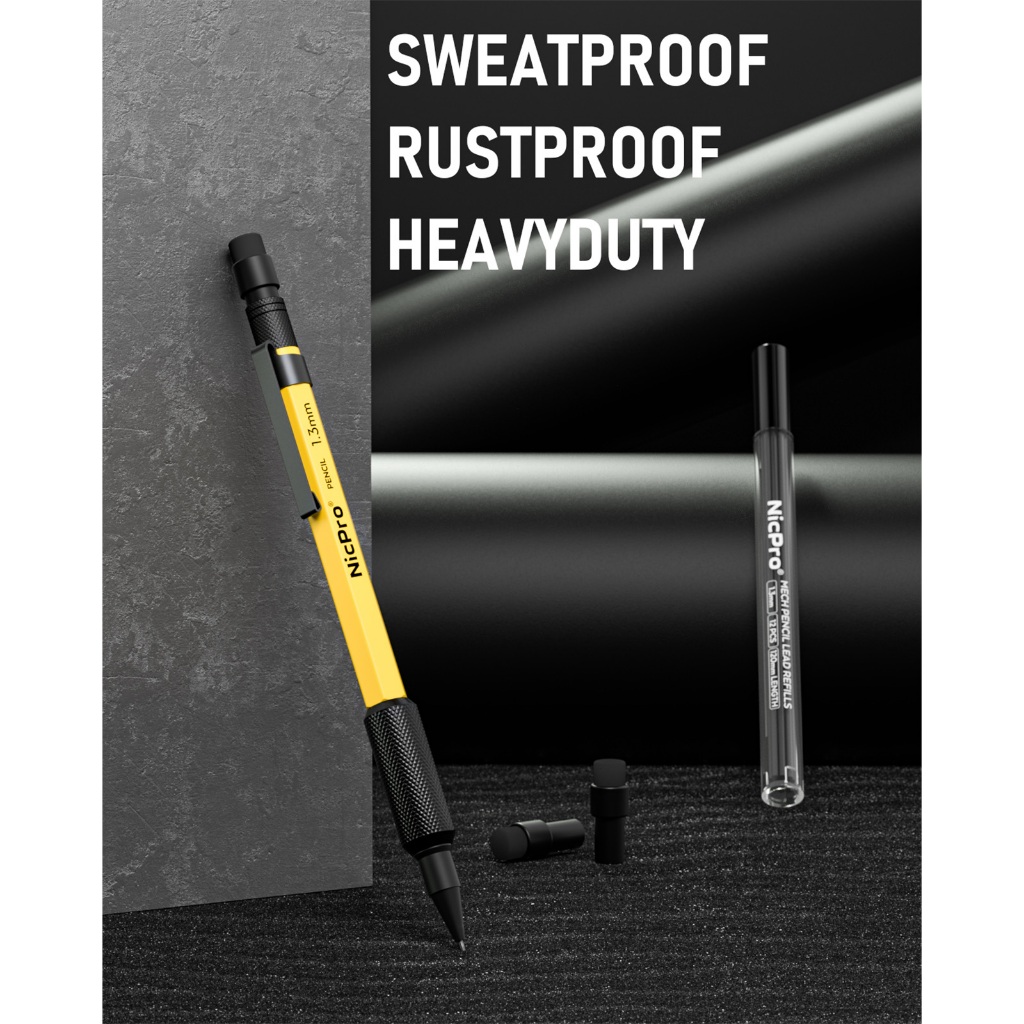 Bộ bút chì cơ khí Nicpro 1,3 mm với 12 chì nạp lại, tẩy - Bút chì thợ mộc hạng nặng MP2000 kim loại chịu thời tiết để đánh dấu ngoài trời Vẽ phác thảo phác thảo chế biến gỗ -