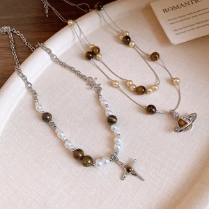 Bộ trang sức đá quý và ngọc trai - Mặt dây chuyền đa dạng hình dạng với thiết kế boho cổ điển màu sắc bạc, phụ kiện nữ thời thượng