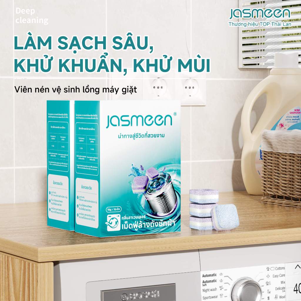 [2 Hộp 32] Viên Tẩy Lồng Máy Giặt JASMEEN - Viên Sủi Tẩy Sạch Cặn Bẩn - Sạch sâu - thơm lâu