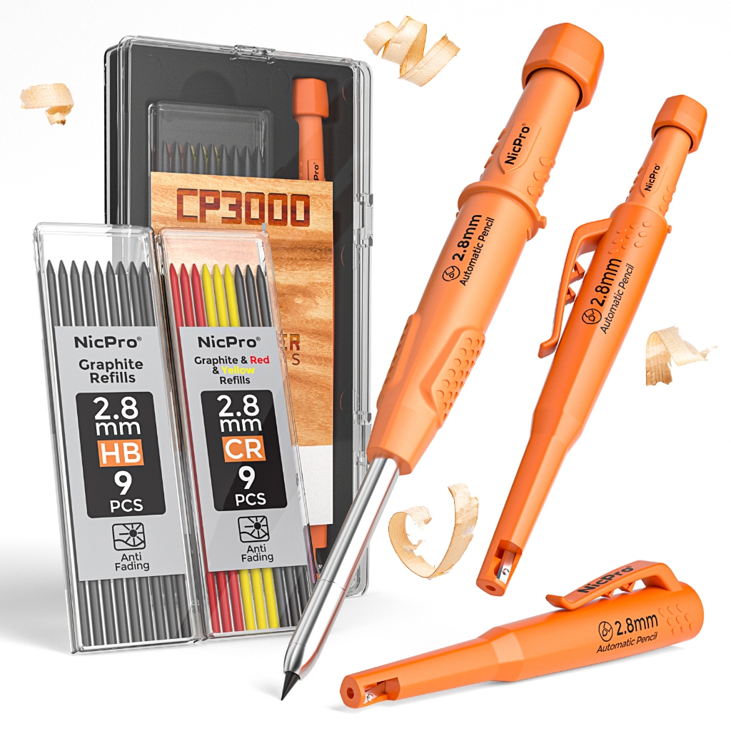 Bút chì cơ khí thợ mộc Nicpro CP3000 kèm máy mài 2,8mm, 19 lần nạp, bút đánh dấu lỗ sâu, 4 màu