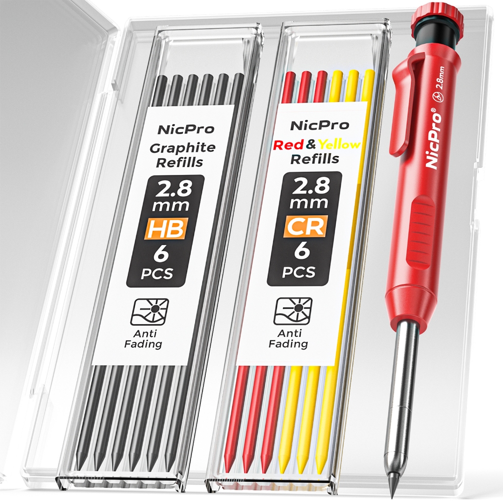 Bộ bút chì thợ mộc Nicpro 1 PC, Bộ bút chì cơ khí với dung lượng chì 2,8mm và 12 lần cho HB, thích hợp cho bút chì xây dựng Bút chì chế biến gỗ hạng nặng