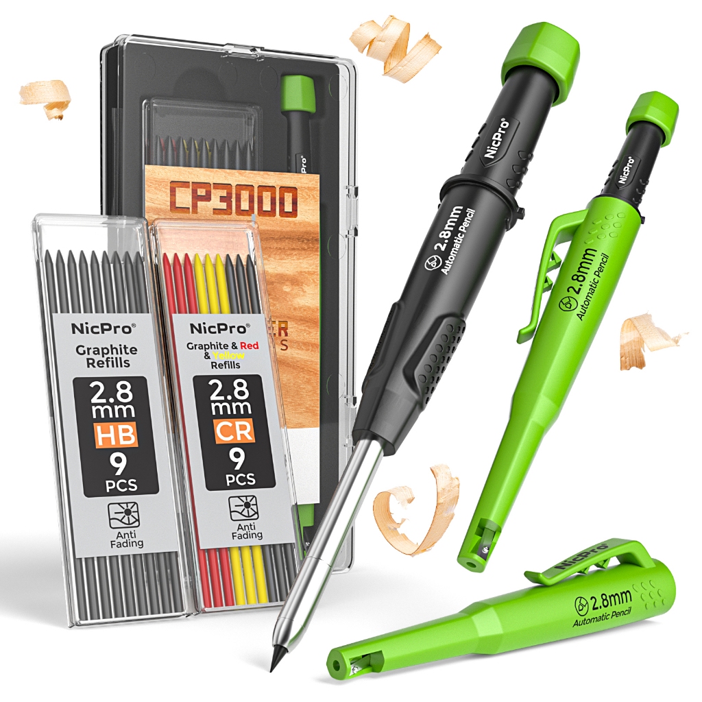 Bút chì thợ mộc Nicpro có máy mài, Bút chì cơ khí thợ mộc CP3000 với 19 lần nạp lại, Bút đánh dấu lỗ sâu để xây dựng, Bút chì xây dựng hạng nặng, Dụng cụ chế biến gỗ
