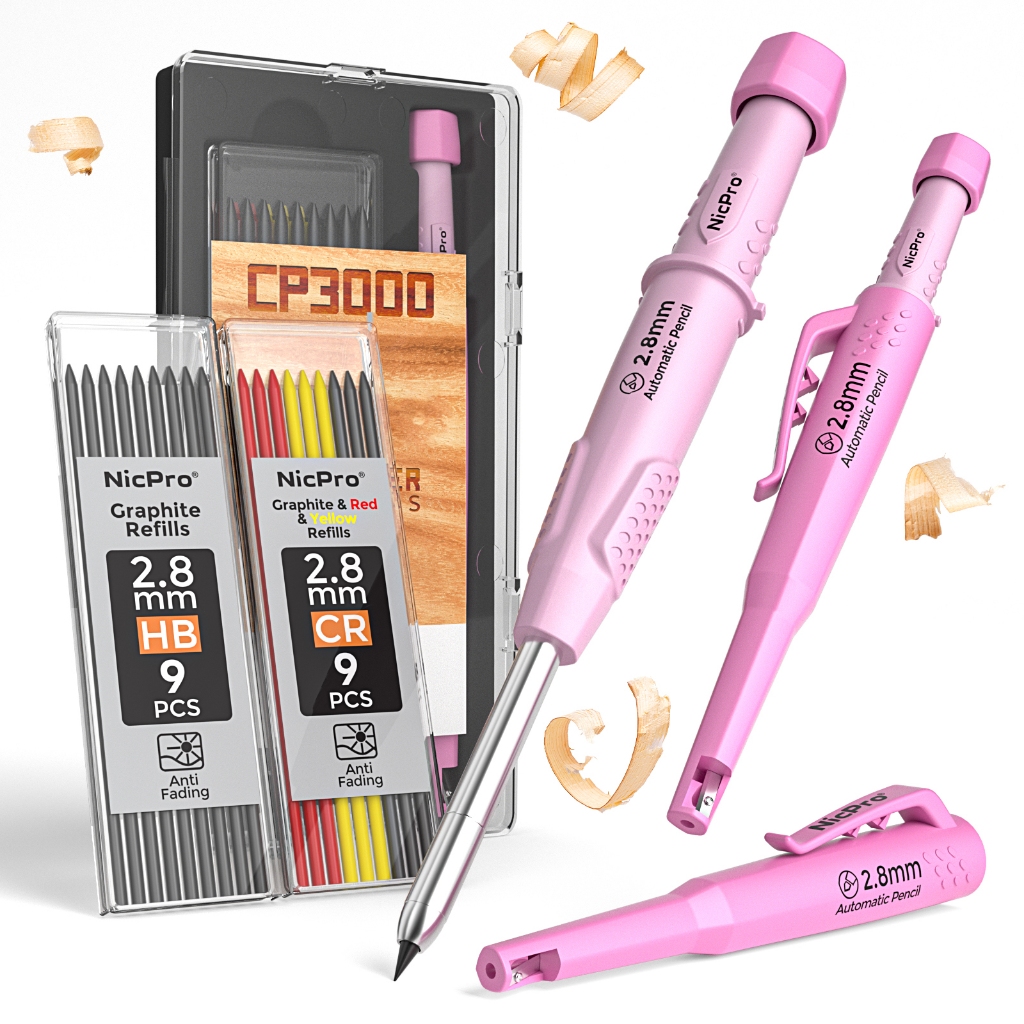 Bút chì thợ mộc Nicpro CP3000 có máy mài, Bút chì cơ xây dựng với 19 lần nạp lại, Bút chì xây dựng hạng nặng, Dụng cụ chế biến gỗ màu hồng dành cho nữ, Tuyệt vời để đánh dấu