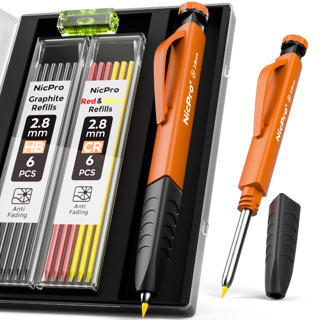 Bộ bút chì thợ mộc 3 trong 1 được nâng cấp Nicpro có tay cầm, 1 chiếc bút chì xây dựng với 13 lần nạp lại & cấp độ tinh thần Mini, Dụng cụ thợ mộc đánh dấu lỗ sâu, Bút chì cơ khí