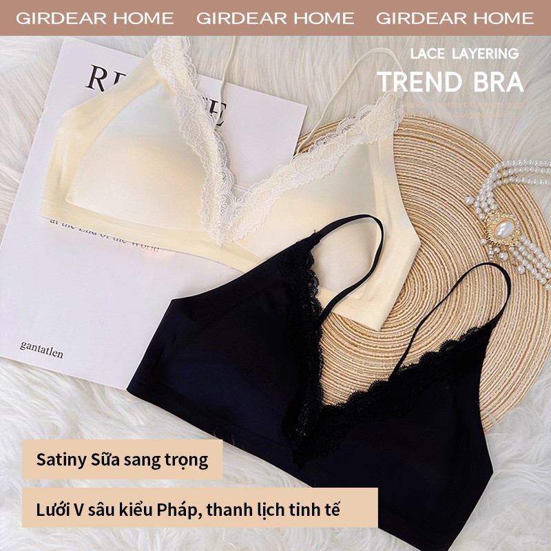 Girdear Home thoáng khí áo lót ren sexy bra Áo Ngực Nữ Không Thép Thoải Mái Pháp Style Satin Sữa - Đường V Sâu, Lace Giàu Cảm Gợi, Dây Chéo Mảnh Dệt, Không May Silk Băng, Push Up,GH26