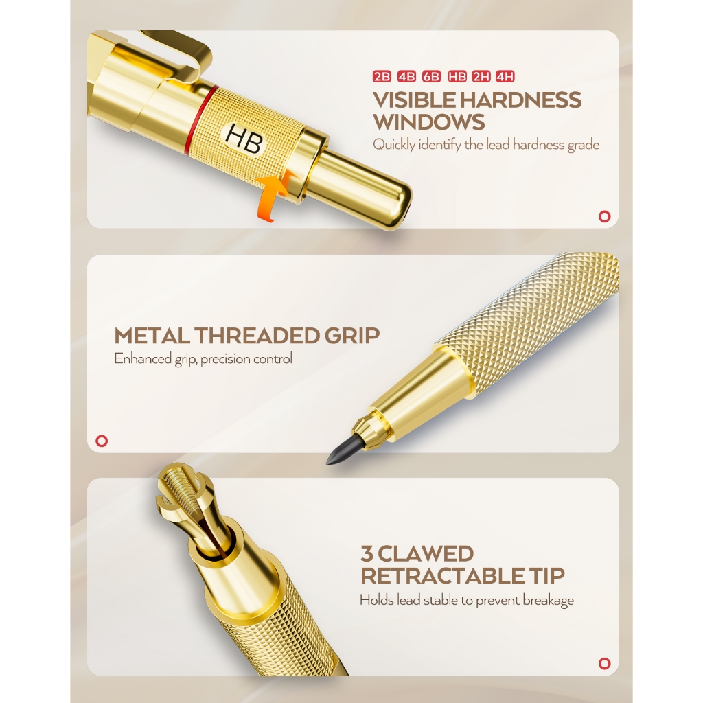 Nicpro 35 CÁI Bộ bút chì cơ khí nghệ thuật vàng, 3 CÁI Bút chì soạn thảo kim loại 0,5 mm & 0,7 mm & 0,9 mm & 3 CÁI Giá đỡ chì 2 mm (6B 4B 2B HB 2H 4H Màu) để vẽ phác thảo