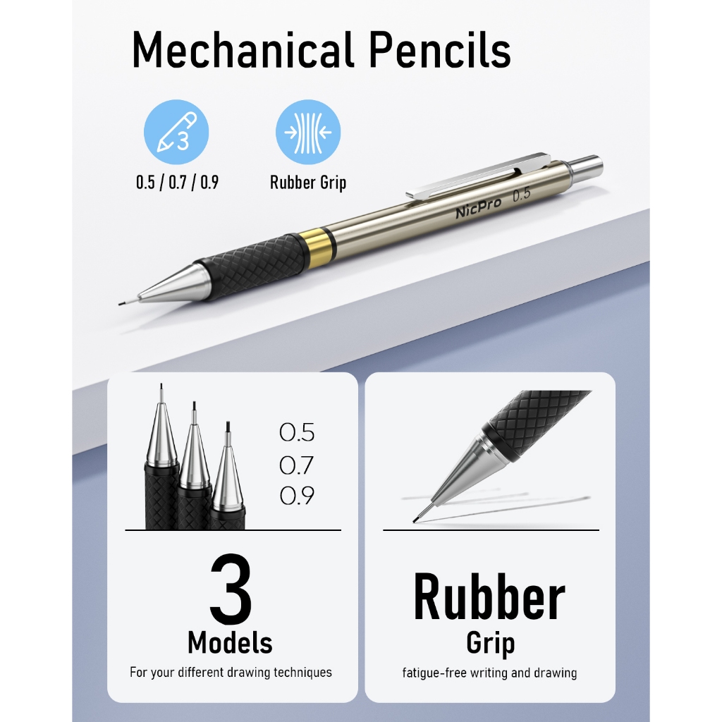 Nicpro 35 CÁI Bộ bút chì cơ khí nghệ thuật vàng, 3 CÁI Bút chì soạn thảo kim loại 0,5 mm & 0,7 mm & 0,9 mm & 3 CÁI Giá đỡ chì 2 mm (6B 4B 2B HB 2H 4H Màu) để vẽ phác thảo