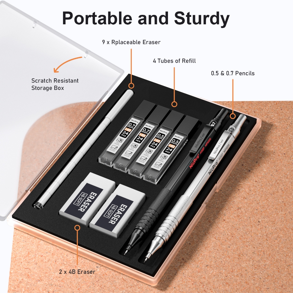 Nicpro 2 Bút Chì Cơ Khí 0.5mm & 0.7 mm Có Vỏ, Bộ Bút Chì Nghệ Sĩ Kim Loại MP1000 Với 6 Ống HB Chì Refills, 3 Tẩy, 9 Tẩy Refills Cho Nghệ Thuật Viết Soạn Thảo Vẽ