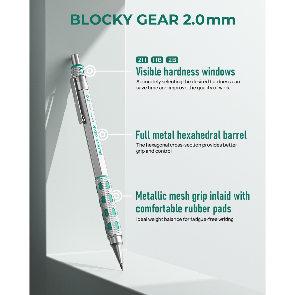 Bộ bút chì cơ khí kim loại Nicpro 3 gói Blocky Gear 2.0 mm có hộp đựng, bút chì soạn thảo với 13 ống nạp chì 2 mm (HB 2B 2H 4B 4H 6B & Màu sắc), Tẩy để viết thợ mộc
