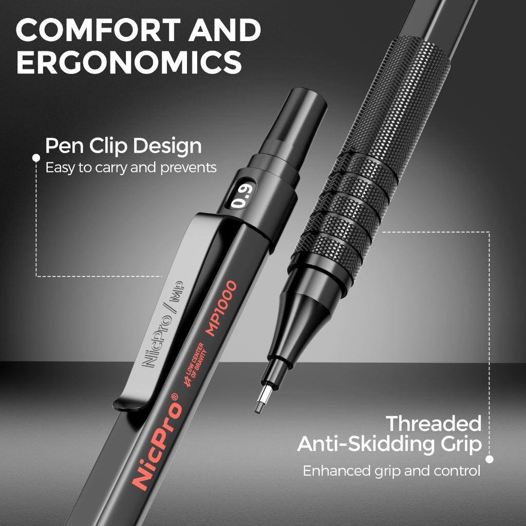 Nicpro 30 bộ bút chì cơ khí kim loại đen trong hộp da, 0.5/0.7/0.9/2mm, giá đỡ bút chì cho vẽ phác thảo, kèm 16 ống (6B 4B 2B HB 2H 4H Màu)