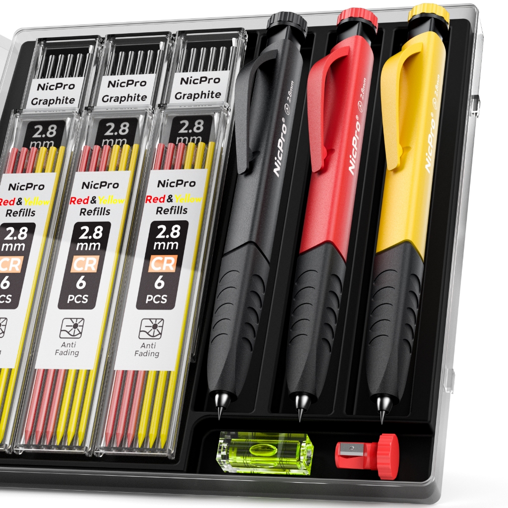 Bộ bút chì thợ mộc 3 chiếc Nicpro, Bút chì thợ mộc cơ khí 2,8mm với 36 lần nạp lại, Bút đánh dấu lỗ sâu Bút chì mộc xây dựng, Bút chì kiến trúc sư để chế biến gỗ