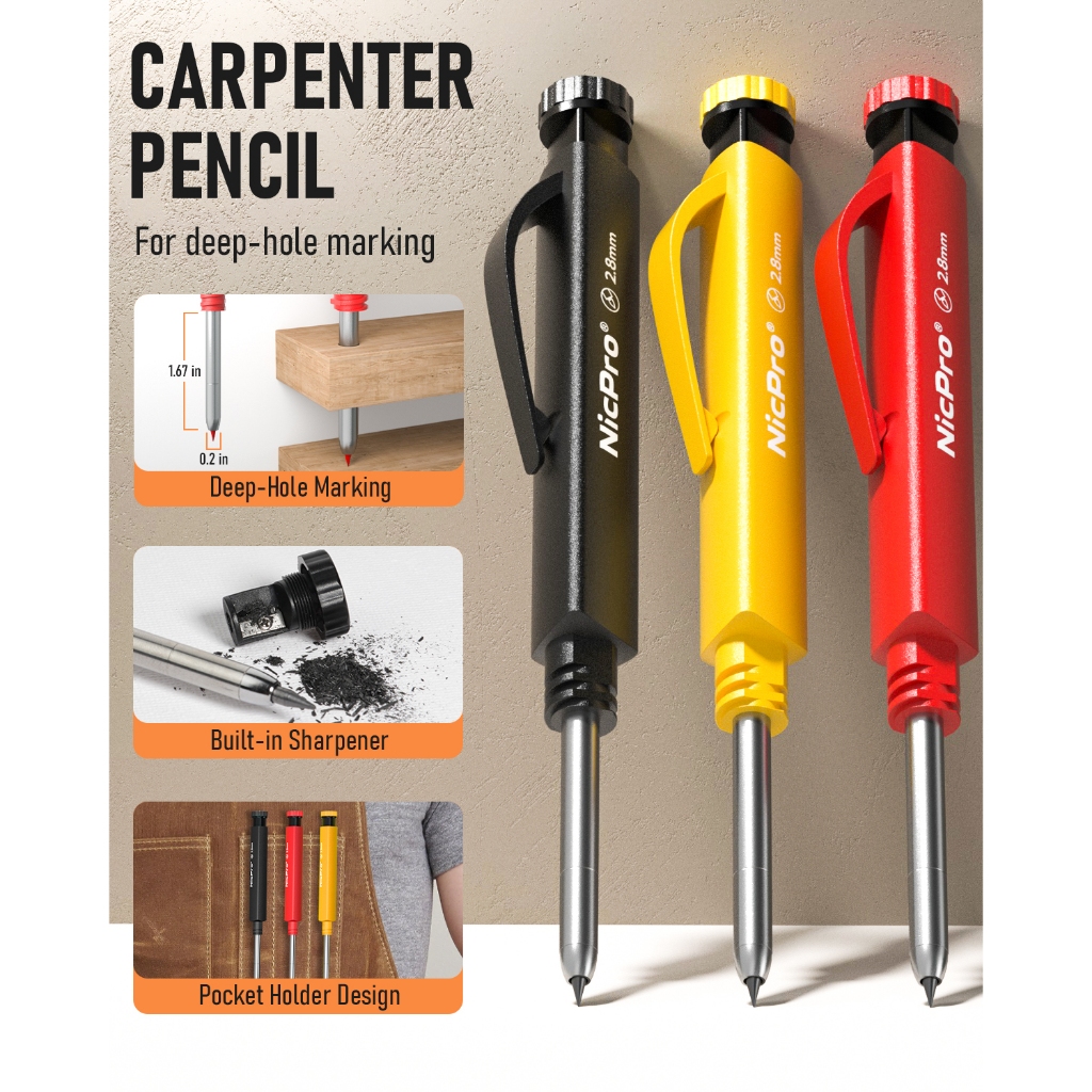 Bộ bút chì thợ mộc 3 chiếc Nicpro, Bút chì thợ mộc cơ khí 2,8mm với 36 lần nạp lại, Bút đánh dấu lỗ sâu Bút chì mộc xây dựng, Bút chì kiến trúc sư để chế biến gỗ