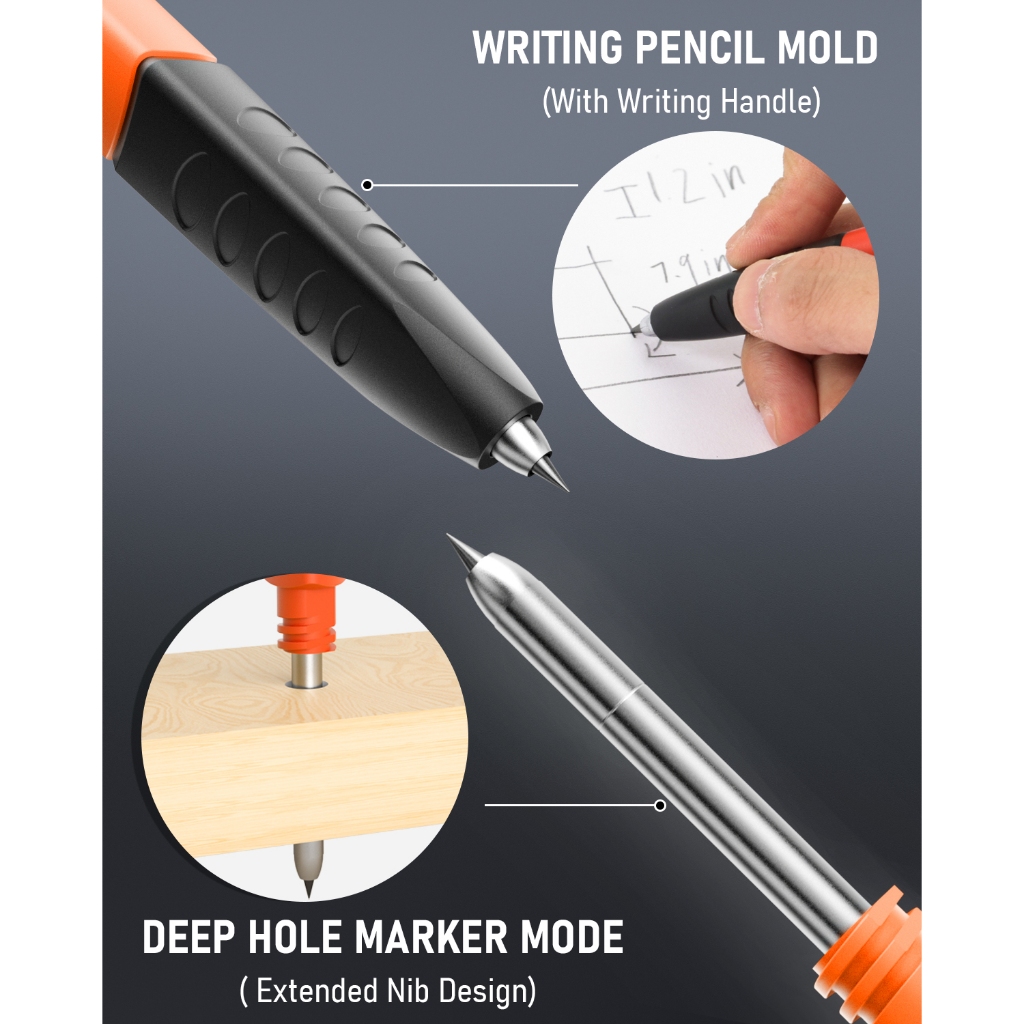 Bộ bút chì thợ mộc 3 trong 1 được nâng cấp Nicpro có tay cầm, 1 chiếc bút chì xây dựng với 13 lần nạp lại & cấp độ tinh thần Mini, Dụng cụ thợ mộc đánh dấu lỗ sâu, Bút chì cơ khí