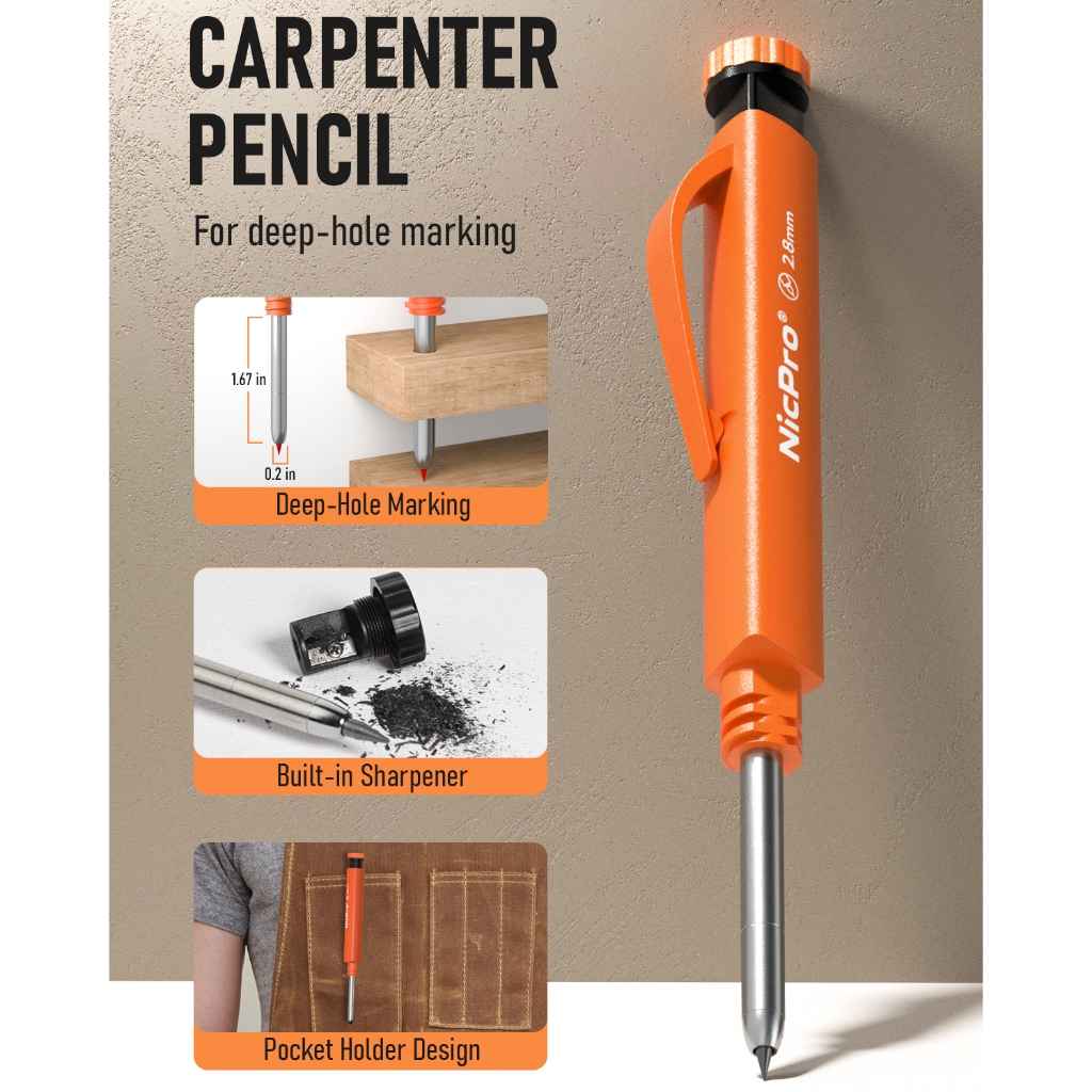 Bộ bút chì thợ mộc 3 trong 1 được nâng cấp Nicpro có tay cầm, 1 chiếc bút chì xây dựng với 13 lần nạp lại & cấp độ tinh thần Mini, Dụng cụ thợ mộc đánh dấu lỗ sâu, Bút chì cơ khí