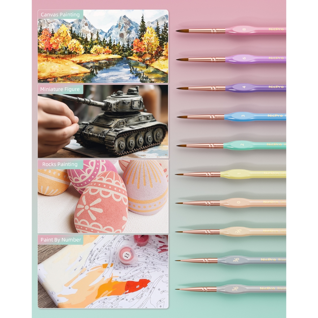 Nicpro 10 Chiếc Micro Fine Chi Tiết Sơn Bộ Bàn Chải, Macaron Pastel Nhỏ Thu Nhỏ Đầu Tinh Tế Bộ Bàn Chải Chi Tiết Cho Dầu Acrylic Màu Nước, Thủ Công, Mô Hình, Sử Dụng Tranh Đá