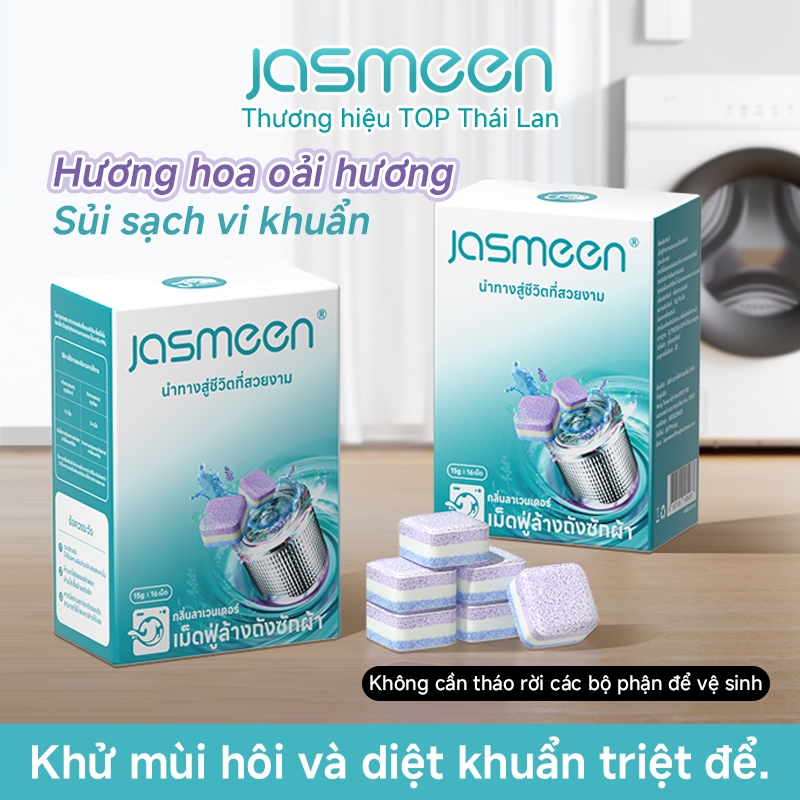 Viên sủi bọt vệ sinh máy giặt JASMEEN (16 viên/hộp) có tác dụng tẩy sạch bụi bẩn bám trên máy giặt. Hương hoa oải hương