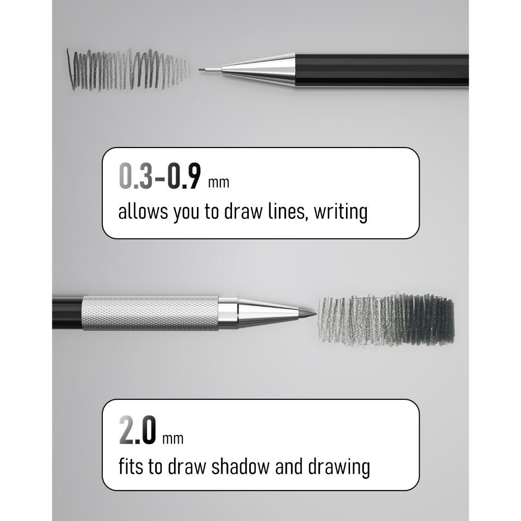 Bộ bút chì cơ khí Nicpro Black Art 0,3–0,9mm & 2mm, giá đỡ than chì (2H HB 2B 4B) kèm 9 chì nạp lại, dùng cho phác thảo