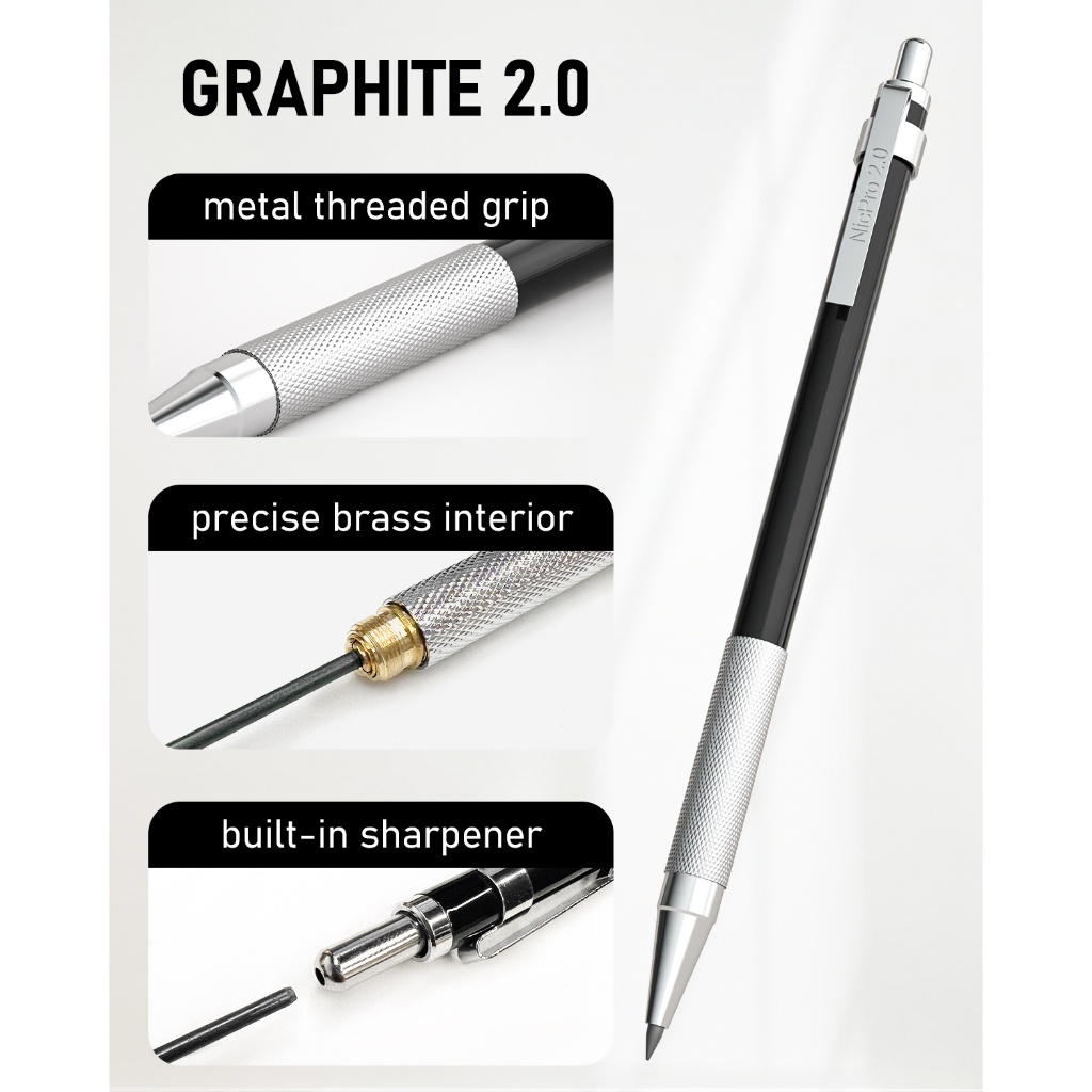 Bộ bút chì cơ khí Nicpro Black Art 0,3–0,9mm & 2mm, giá đỡ than chì (2H HB 2B 4B) kèm 9 chì nạp lại, dùng cho phác thảo