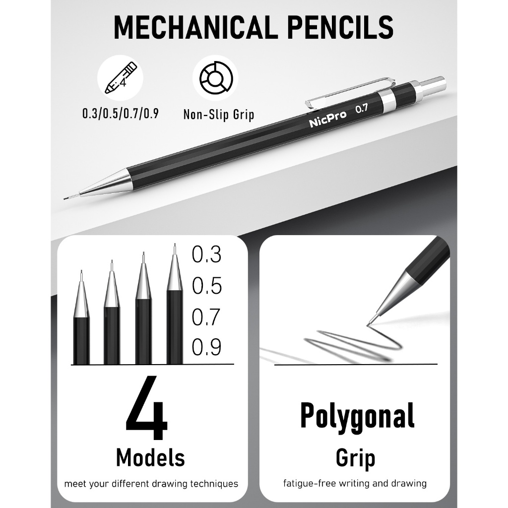 Bộ bút chì cơ khí Nicpro Black Art 0,3–0,9mm & 2mm, giá đỡ than chì (2H HB 2B 4B) kèm 9 chì nạp lại, dùng cho phác thảo