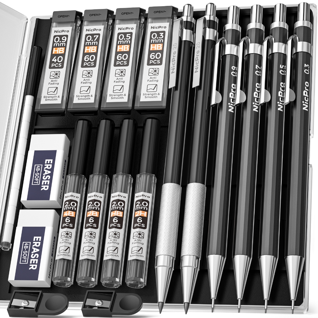 Bộ bút chì cơ khí nghệ thuật Nicpro 6 cây, bút chì soạn thảo kim loại đen 0,3–0,9 mm & 2 giá đỡ chì than chì 2 mm (4B 2B HB 2H) để viết, phác thảo