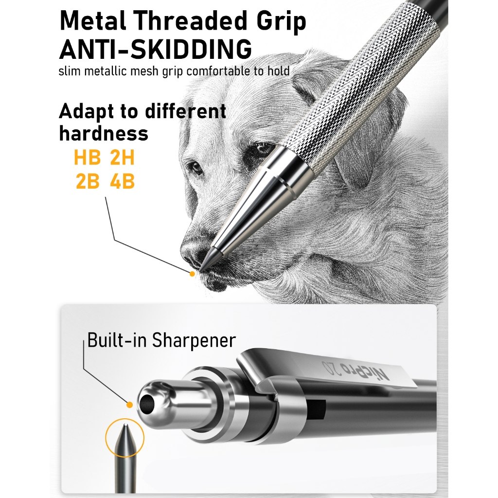 Bộ bút chì cơ khí nghệ thuật Nicpro 6 cây, bút chì soạn thảo kim loại đen 0,3–0,9 mm & 2 giá đỡ chì than chì 2 mm (4B 2B HB 2H) để viết, phác thảo