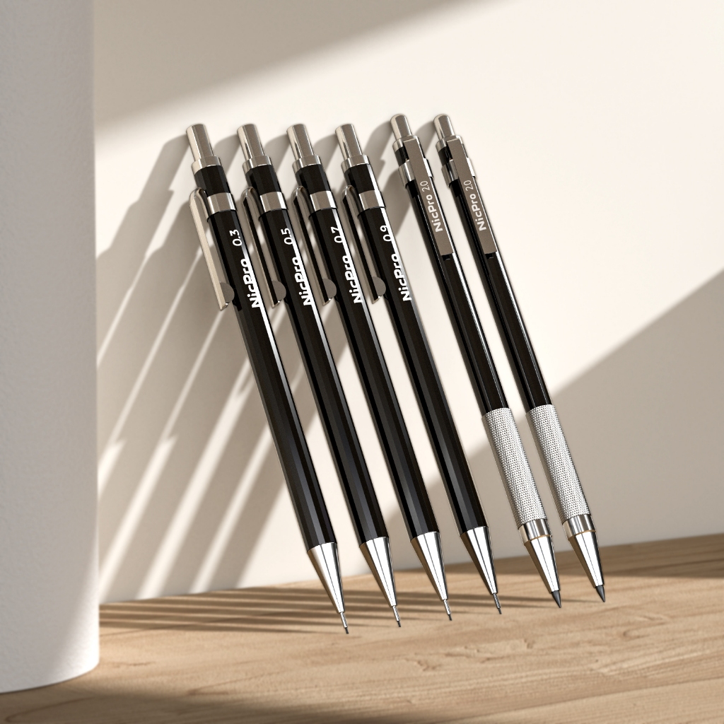 Bộ bút chì cơ khí nghệ thuật Nicpro 6 cây, bút chì soạn thảo kim loại đen 0,3–0,9 mm & 2 giá đỡ chì than chì 2 mm (4B 2B HB 2H) để viết, phác thảo