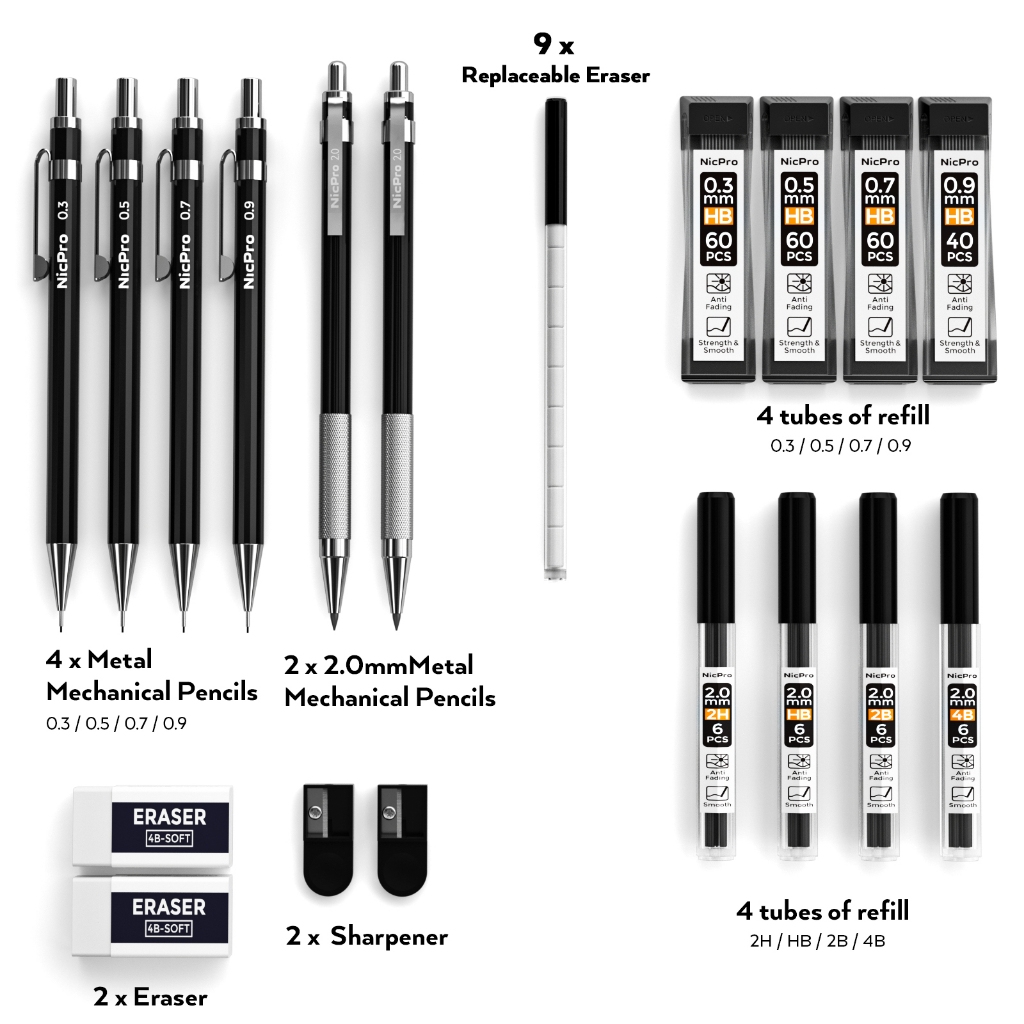 Bộ bút chì cơ khí nghệ thuật Nicpro 6 cây, bút chì soạn thảo kim loại đen 0,3–0,9 mm & 2 giá đỡ chì than chì 2 mm (4B 2B HB 2H) để viết, phác thảo