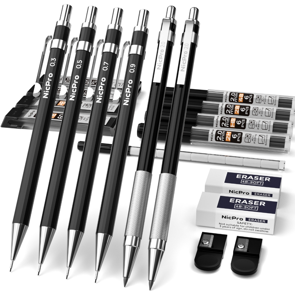 Bộ bút chì cơ khí nghệ thuật Nicpro 6 cây, bút chì soạn thảo kim loại đen 0,3–0,9 mm & 2 giá đỡ chì than chì 2 mm (4B 2B HB 2H) để viết, phác thảo
