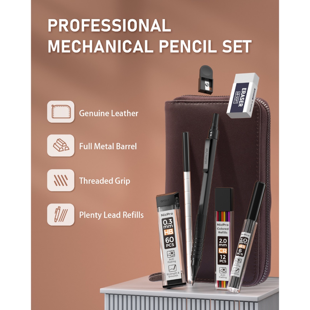 Nicpro 20 CÁI Bộ bút chì cơ khí kim loại màu đen trong hộp da, bút chì soạn thảo 0,3, 0,5, 0,7, 0,9 mm & 2 mm Giá đỡ chì, 9 ống (4B 2B HB 2H Màu) Nạp chì, Tẩy cho nghệ thuật