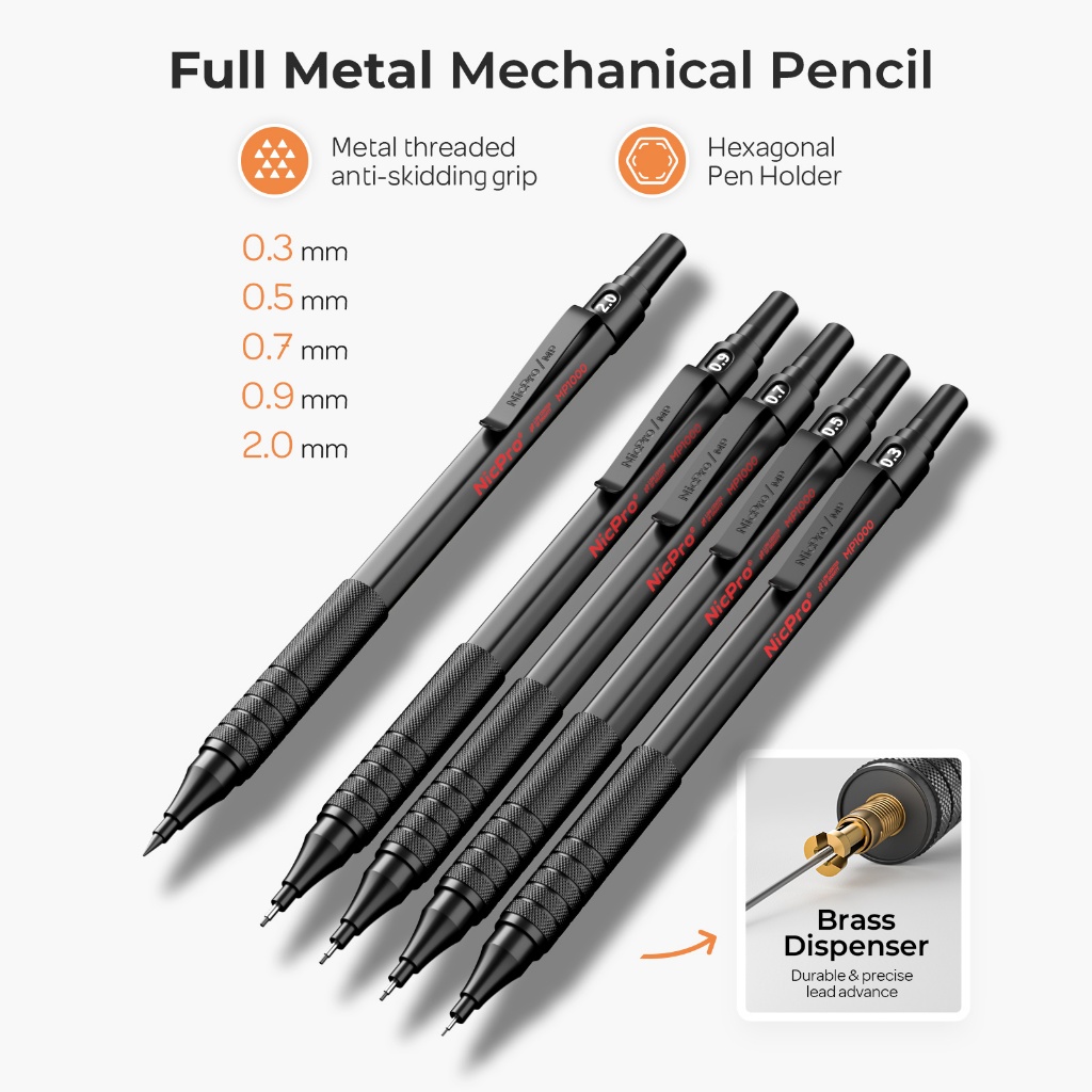Nicpro 20 CÁI Bộ bút chì cơ khí kim loại màu đen trong hộp da, bút chì soạn thảo 0,3, 0,5, 0,7, 0,9 mm & 2 mm Giá đỡ chì, 9 ống (4B 2B HB 2H Màu) Nạp chì, Tẩy cho nghệ thuật