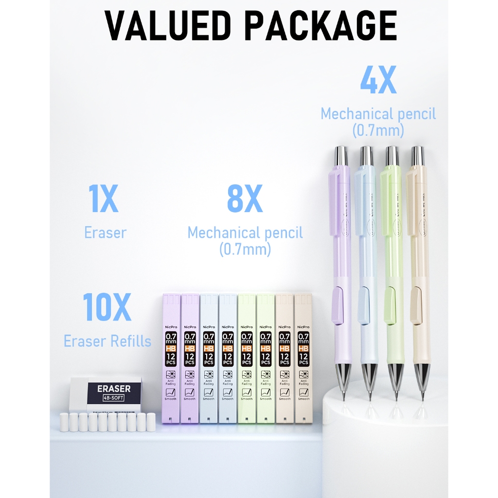 Nicpro 4 Bút Chì Cơ Pastel, Bộ Bút Chì Cơ Bấm Nhanh Dễ Thương 0.7mm Với 8 Ống HB Nạp Chì, Tẩy, Tẩy Nạp Lại Để Viết Trường, Vẽ, Phác Thảo