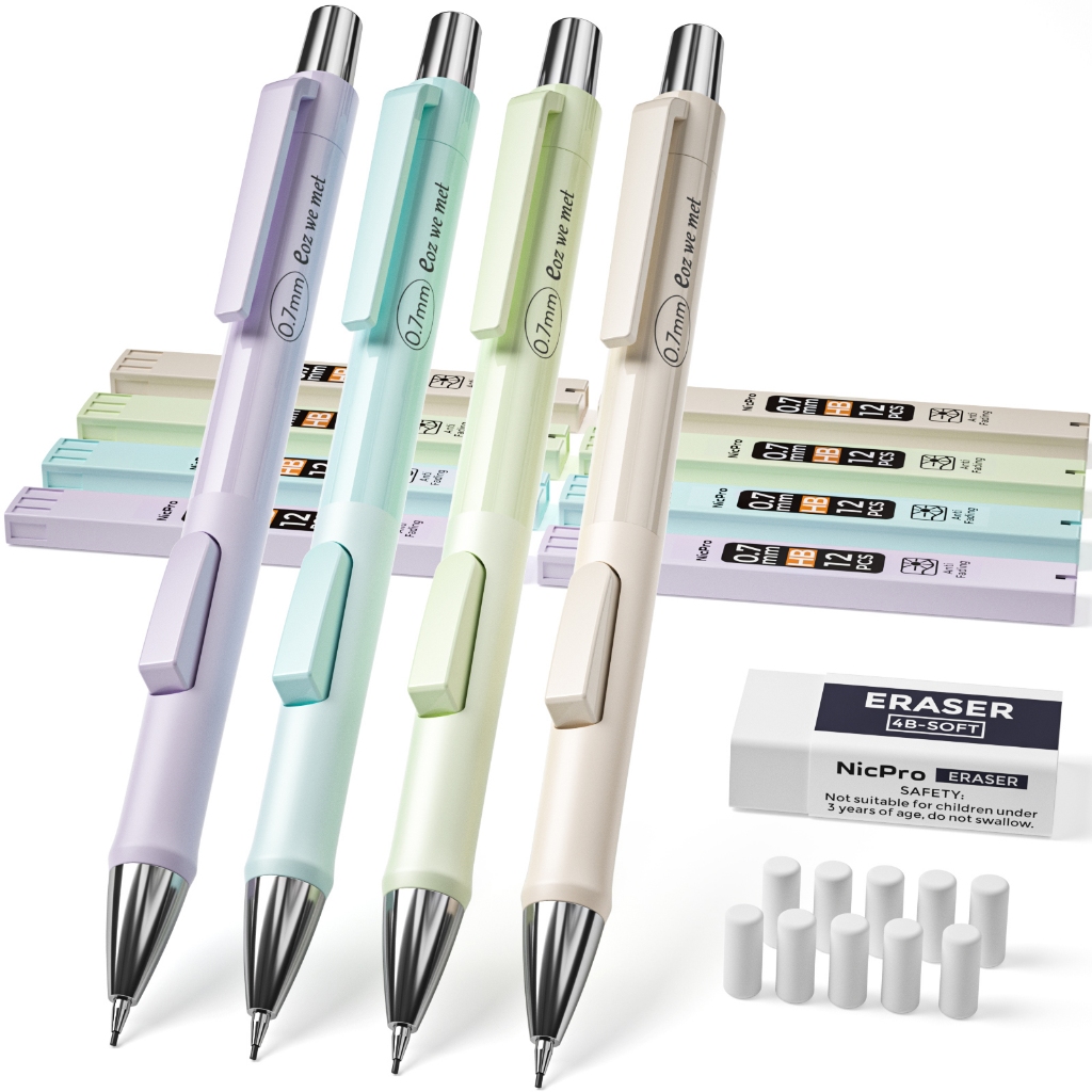 Nicpro 4 Bút Chì Cơ Pastel, Bộ Bút Chì Cơ Bấm Nhanh Dễ Thương 0.7mm Với 8 Ống HB Nạp Chì, Tẩy, Tẩy Nạp Lại Để Viết Trường, Vẽ, Phác Thảo