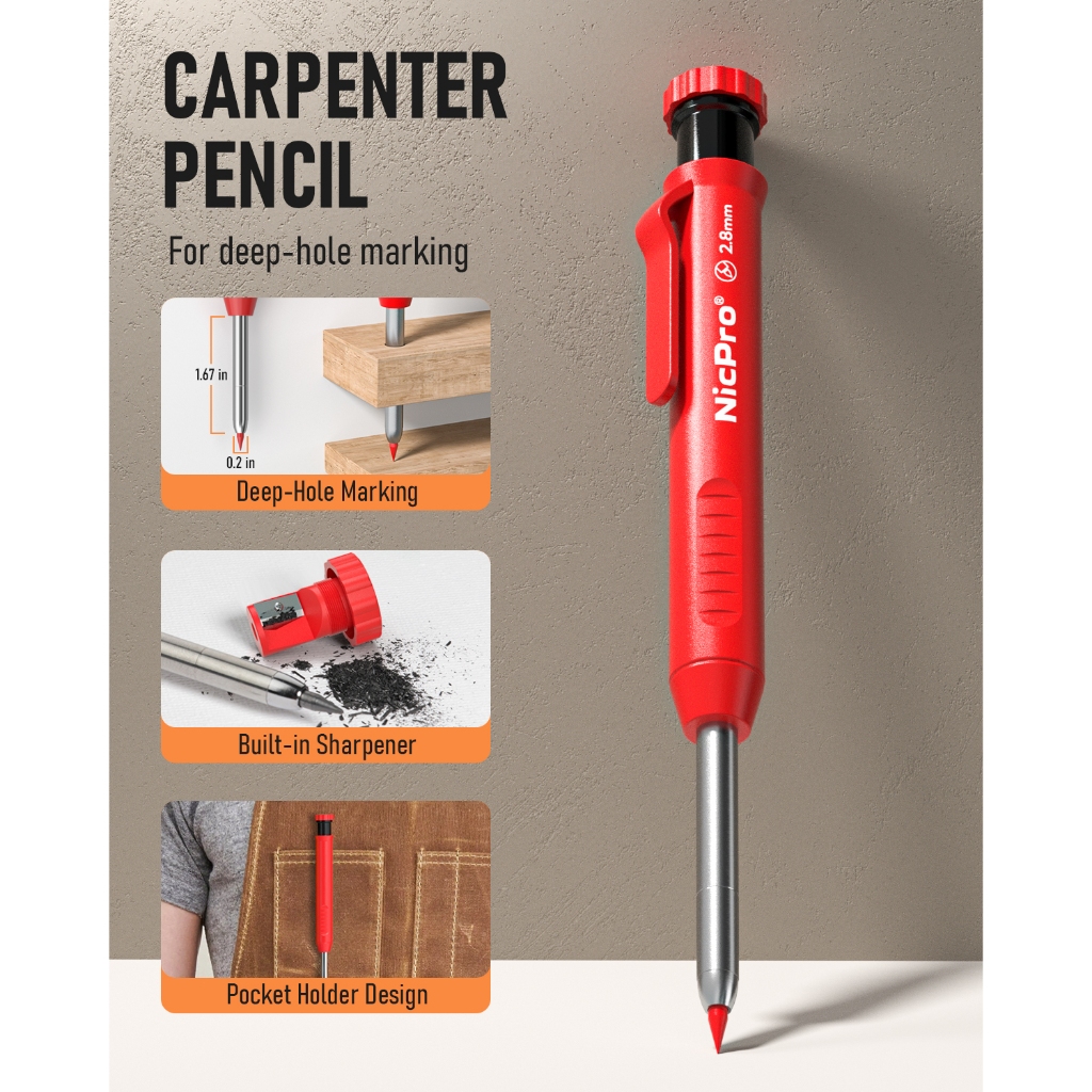 Bộ bút chì thợ mộc Nicpro 1 PC, Bộ bút chì cơ khí với dung lượng chì 2,8mm và 12 lần cho HB, thích hợp cho bút chì xây dựng Bút chì chế biến gỗ hạng nặng
