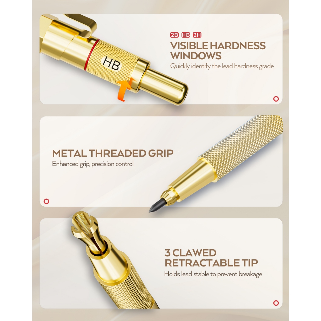 Bộ bút chì cơ khí Nicpro Gold Art 0,5/0,7/0,9mm & 2mm, kèm hộp đựng chì nạp lại, giá đỡ chì (2B/HB/2H) để vẽ phác thảo