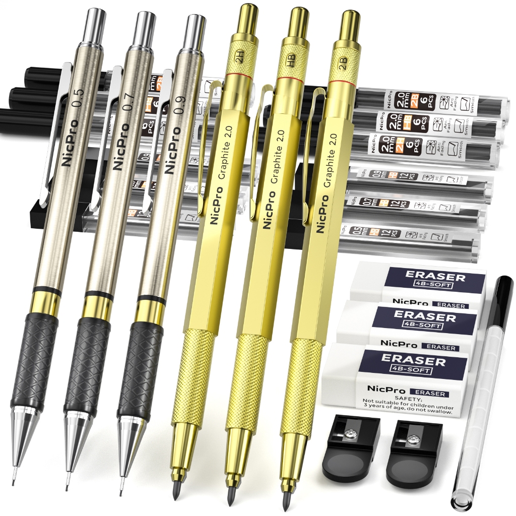 Bộ bút chì cơ khí Nicpro Gold Art 0,5/0,7/0,9mm & 2mm, kèm hộp đựng chì nạp lại, giá đỡ chì (2B/HB/2H) để vẽ phác thảo