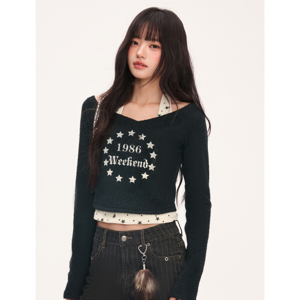 [BANKO] Áo thun hai mảnh nữ form slimfit in hình ngôi sao, phù hợp thời trang thu đông