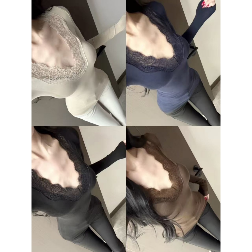 [BANKO] Áo thun dài tay phong cách Hàn Quốc, thiết kế slim-fit ôm body với ren viền cổ chữ V